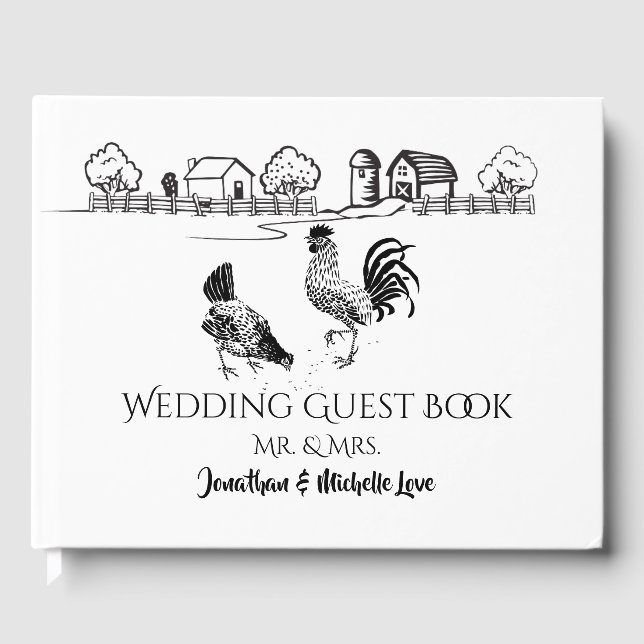 Chickens Rooster, Hen | Black, White Farm Wedding Guest Book (Front)