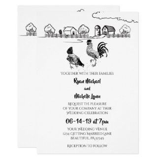 Chickens Rooster, Hen | Black, White Farm Wedding Invitation