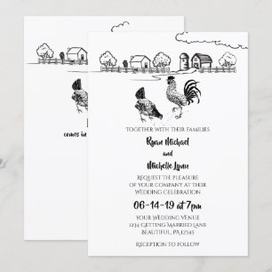 Chickens Rooster, Hen   Black, White Farm Wedding Invitation