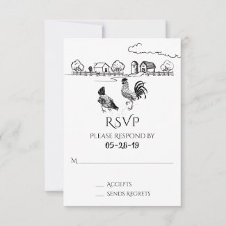 Chickens Rooster, Hen | Black, White Farm Wedding RSVP Card