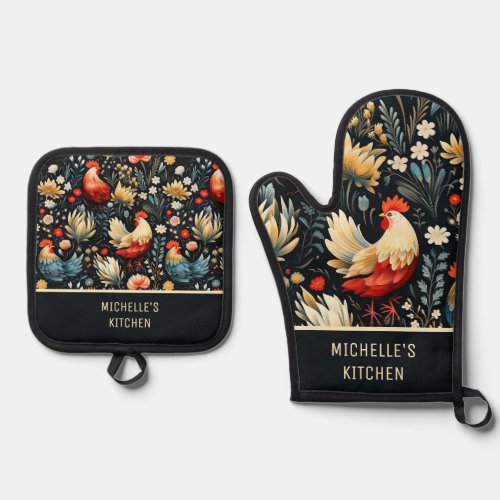 Chickens Roosters Country Farm Name Oven Mitt  Pot Holder Set