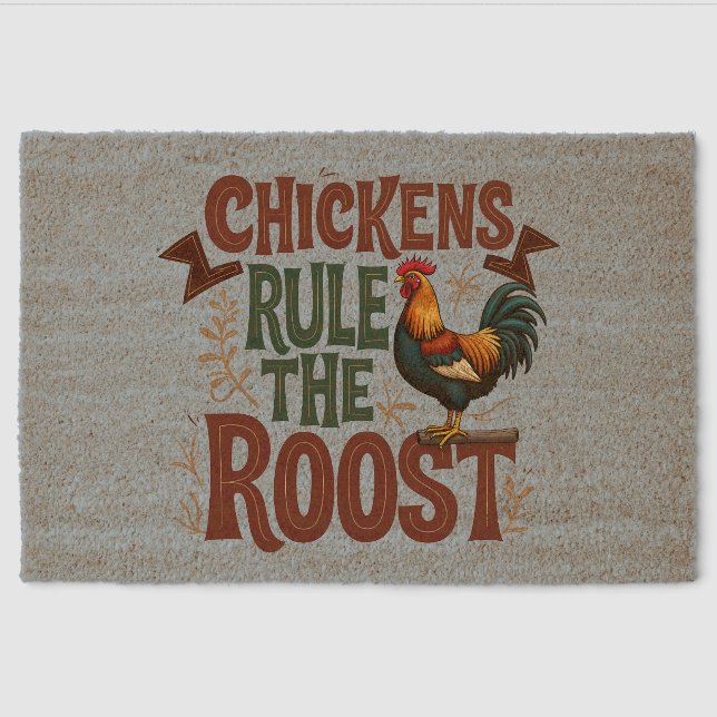 Chickens Rule the Roost Rustic Farm Illustration Fiber Doormat (Front)