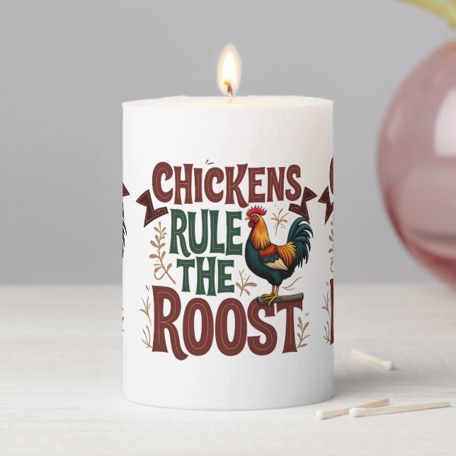 Chickens Rule the Roost Rustic Farm Illustration Pillar Candle (In Situ)