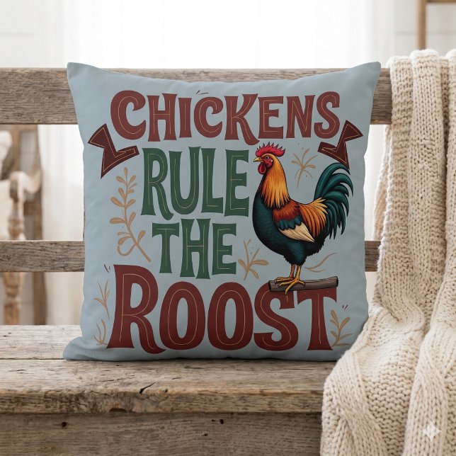 Chickens Rule the Roost Rustic Farm Illustration Throw Pillow (Chickens Rule the Roost Rustic Farm Illustration Throw Pillow Mockup A)