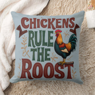 Chickens Rule the Roost Rustic Farm Illustration Throw Pillow