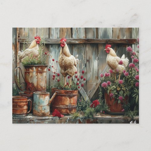 Chickens Rustic Watering Can Tin Bucket Flowers  Postcard