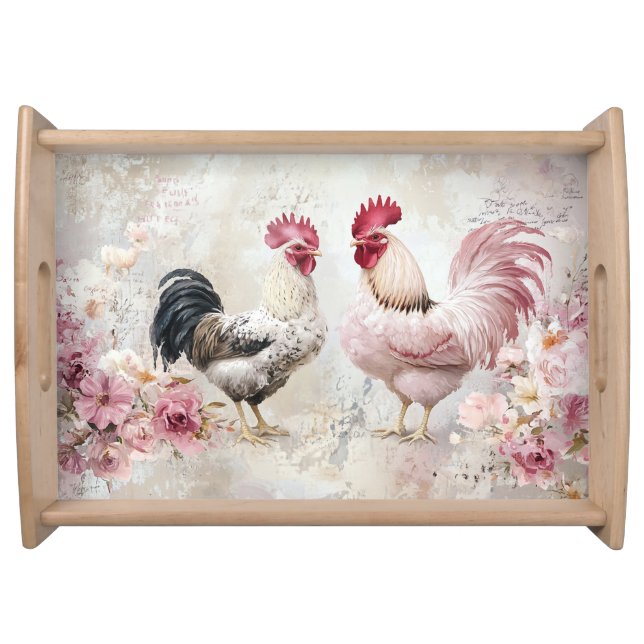 Chickens Shabby Chic Pink Decoupage Serving Tray (Front)