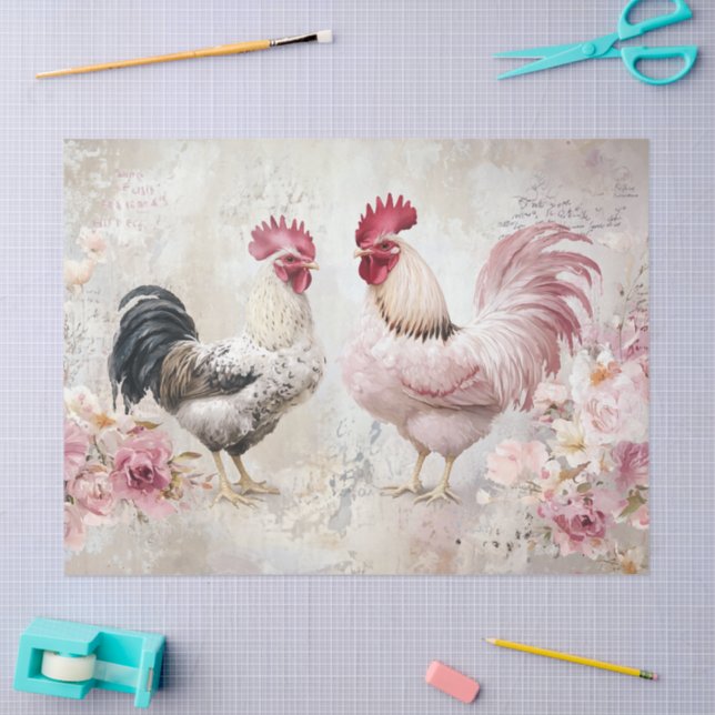 Chickens Shabby Chic Pink Decoupage Tissue Paper (Craft)