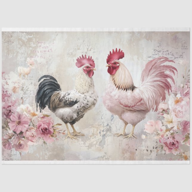 Chickens Shabby Chic Pink Decoupage Tissue Paper (Front)