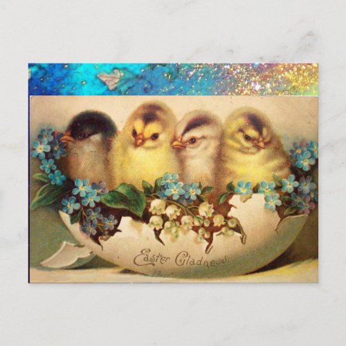 CHICKENSSNOWDROPS AND EASTER EGG IN BLUE SPARKLES HOLIDAY POSTCARD