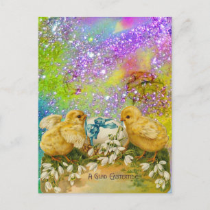 CHICKENS, SNOWDROPS AND EASTER EGG WITH BLUE BOW HOLIDAY POSTCARD