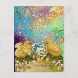 CHICKENS, SNOWDROPS AND EASTER EGG WITH BLUE BOW HOLIDAY POSTCARD