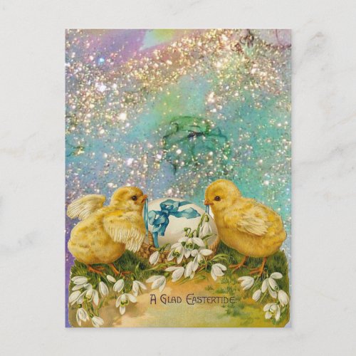 CHICKENS SNOWDROPS AND EASTER EGG WITH BLUE BOW HOLIDAY POSTCARD