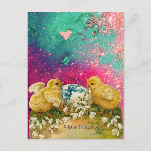 CHICKENS SNOWDROPS AND EASTER EGG WITH BLUE BOW HOLIDAY POSTCARD