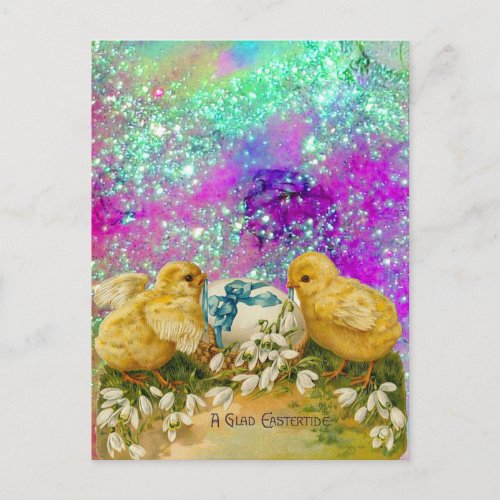 CHICKENS SNOWDROPS AND EASTER EGG WITH BLUE BOW HOLIDAY POSTCARD