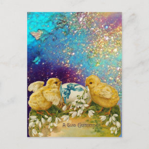 CHICKENS, SNOWDROPS AND EASTER EGG WITH BLUE BOW HOLIDAY POSTCARD