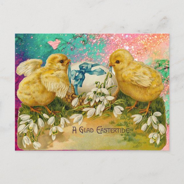 CHICKENS, SNOWDROPS AND EASTER EGG WITH BLUE BOW HOLIDAY POSTCARD (Front)