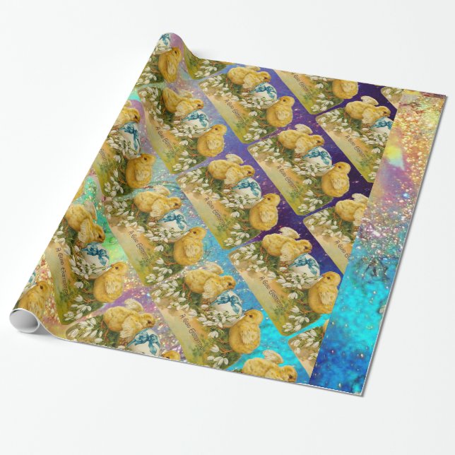 CHICKENS, SNOWDROPS AND EASTER EGG WITH BLUE BOW WRAPPING PAPER (Unrolled)