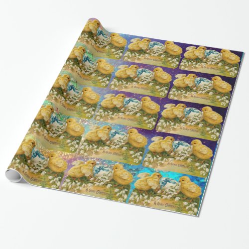 CHICKENS SNOWDROPS AND EASTER EGG WITH BLUE BOW WRAPPING PAPER