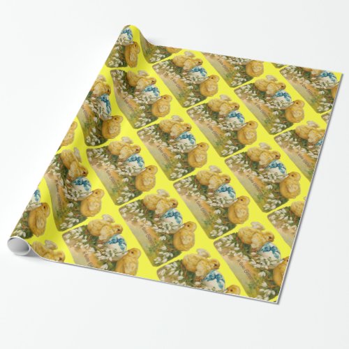 CHICKENS SNOWDROPS AND EASTER EGG WITH BLUE BOW WRAPPING PAPER