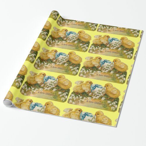 CHICKENS SNOWDROPS AND EASTER EGG WITH BLUE BOW WRAPPING PAPER