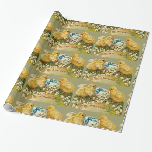 CHICKENS SNOWDROPS AND EASTER EGG WITH BLUE BOW WRAPPING PAPER