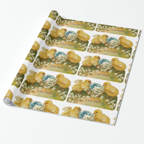 CHICKENS SNOWDROPS AND EASTER EGG WITH BLUE BOW WRAPPING PAPER