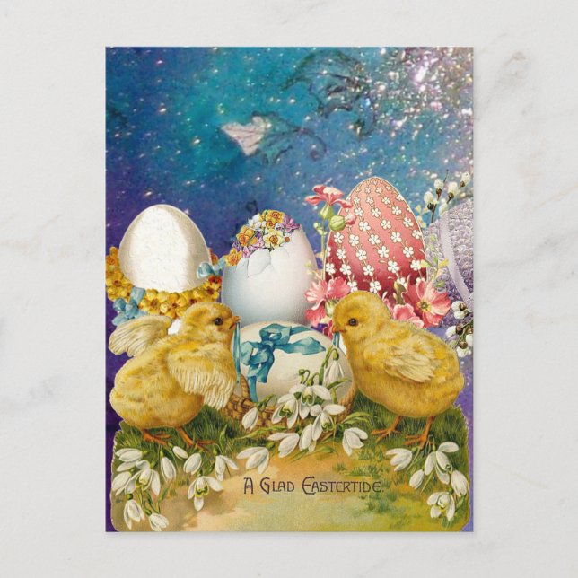 CHICKENS, SNOWDROPS AND EASTER EGGS WITH BLUE BOW HOLIDAY POSTCARD (Front)