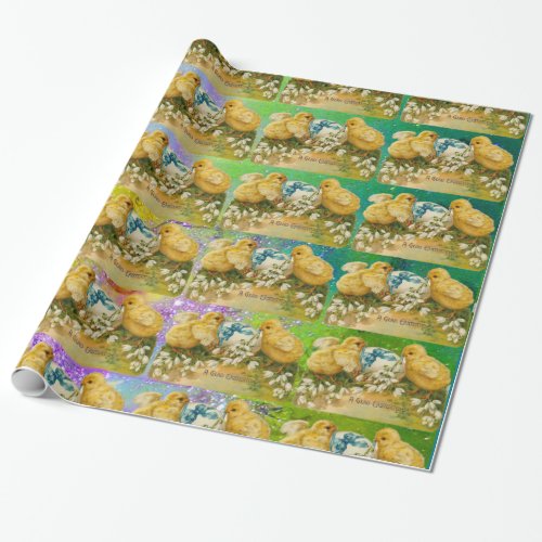 CHICKENSSNOWDROPS EASTER EGGBLUE BOW Green Wrapping Paper