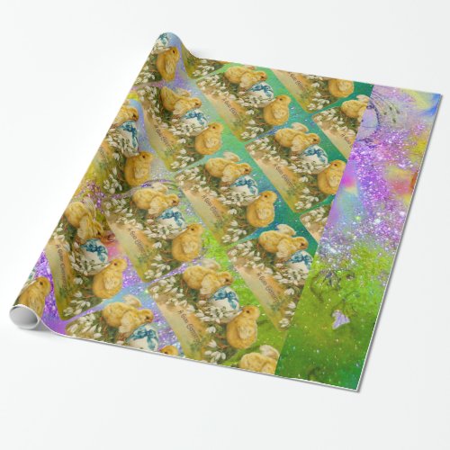 CHICKENSSNOWDROPS EASTER EGGBLUE BOW Purple Wrapping Paper