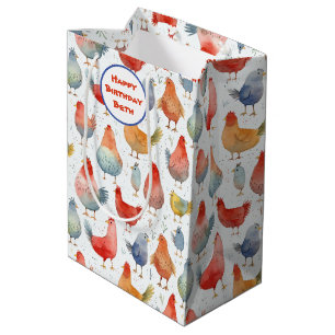 Chickens Watercolor Add Name Birthday Medium Gift Bag