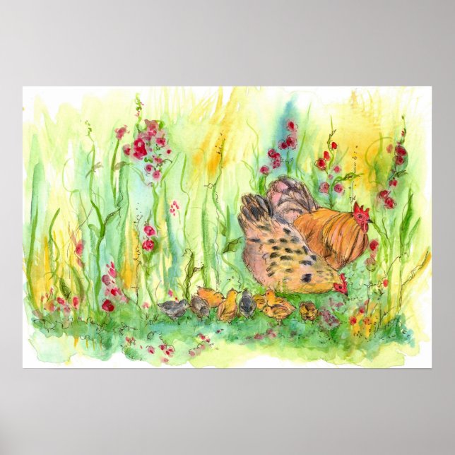 Chickens Watercolor Painting Hen Rooster Art Poster (Front)