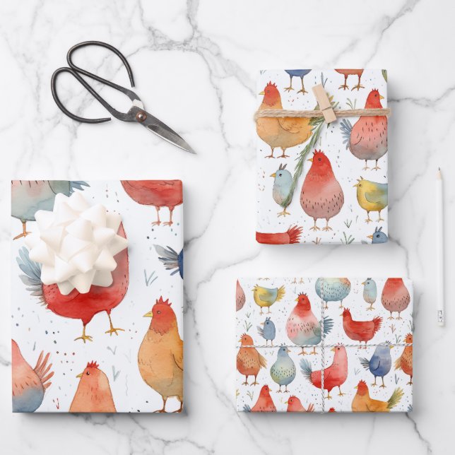 Chickens Watercolor Silly Birthday 3 Gift Wrapping Paper Sheets (Front)