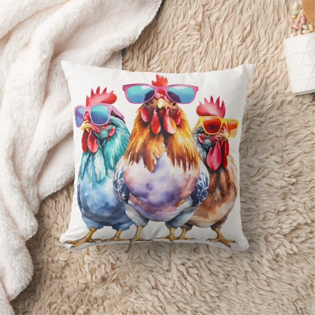 Chickens Wearing Big Sunglasses Throw Pillow (Blanket)