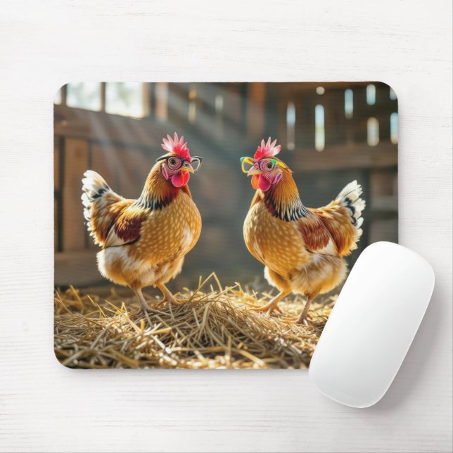 Chickens Wearing Eyeglasses In a Sunny Barn Mouse Pad (With Mouse)