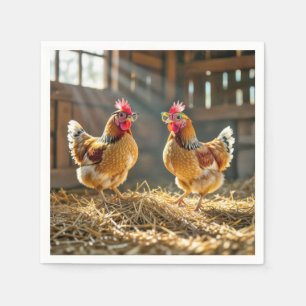 Chickens Wearing Eyeglasses In a Sunny Barn Napkins