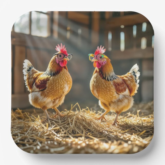 Chickens Wearing Eyeglasses In a Sunny Barn Paper Plates (Front)