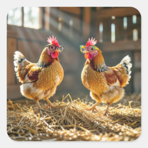 Chickens Wearing Eyeglasses In a Sunny Barn Square Sticker