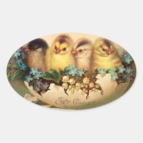 CHICKENS WITH BLUE WHITE FLOWERS IN EASTER EGG OVAL STICKER