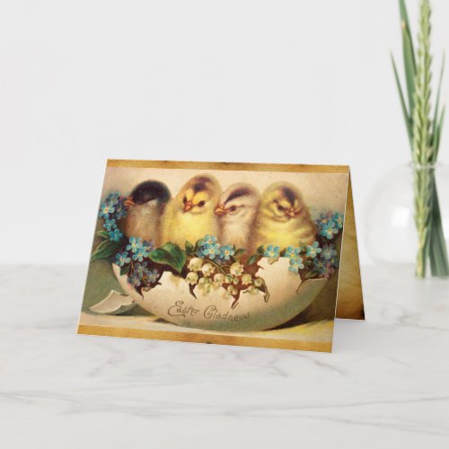 CHICKENS WITH FLOWERS IN EASTER EGG PARCHMENT HOLIDAY CARD
