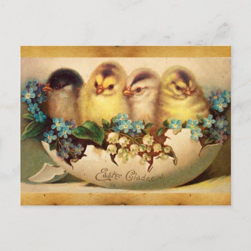 CHICKENS WITH FLOWERS  IN EASTER EGG PARCHMENT HOLIDAY POSTCARD