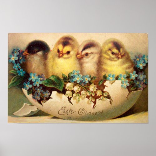CHICKENS WITH FLOWERS IN EASTER EGG POSTER