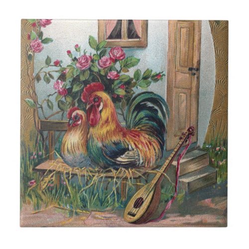 Chickens With Lute and Egg House Ceramic Tile