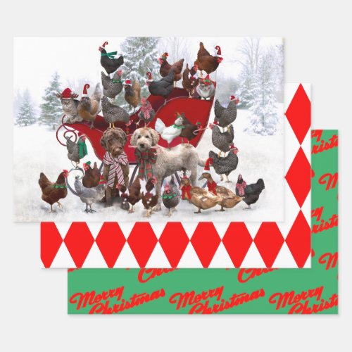 CHICKENS WITH SANTA HATS AND DOGS WRAPPING PAPER