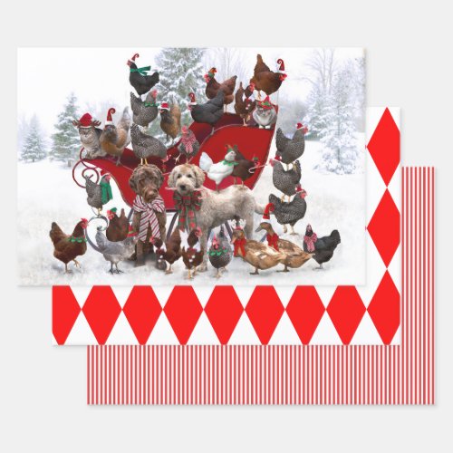 CHICKENS WITH SANTA HATS AND DOGS WRAPPING PAPER