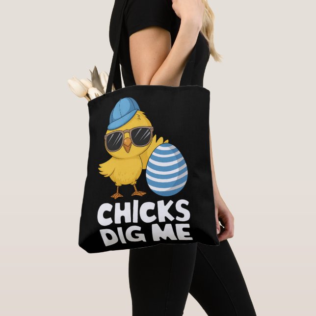 Chicks Dig Me Easter Funny Egg Hunt Tote Bag (Close Up)