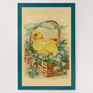 Chicks in a Basket Vintage Easter Invitation Jigsaw Puzzle