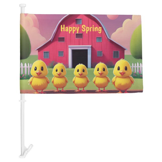 Chicks in Barnyard Happy Spring Custom Text Car Flag (Front)