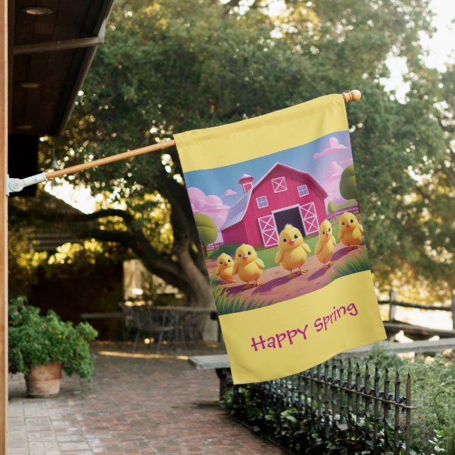 Chicks in Barnyard Happy Spring  House Flag (In SItu)