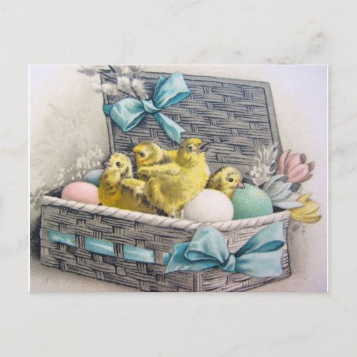 Chicks in basket with eggs and flowers postcard